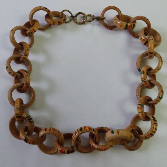 Vintage Wooden Link Ring Necklace Tropical Hand Painted Jewelry Antique Clasp - Picture 9 of 16